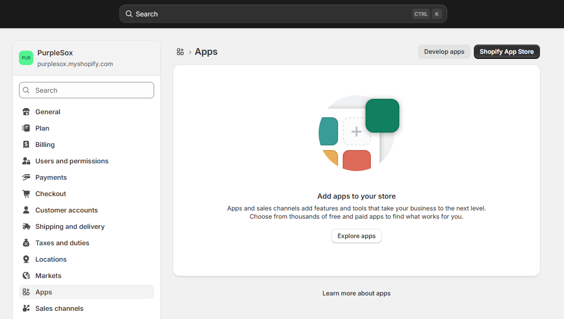 Shopify Apps page with Develop apps button